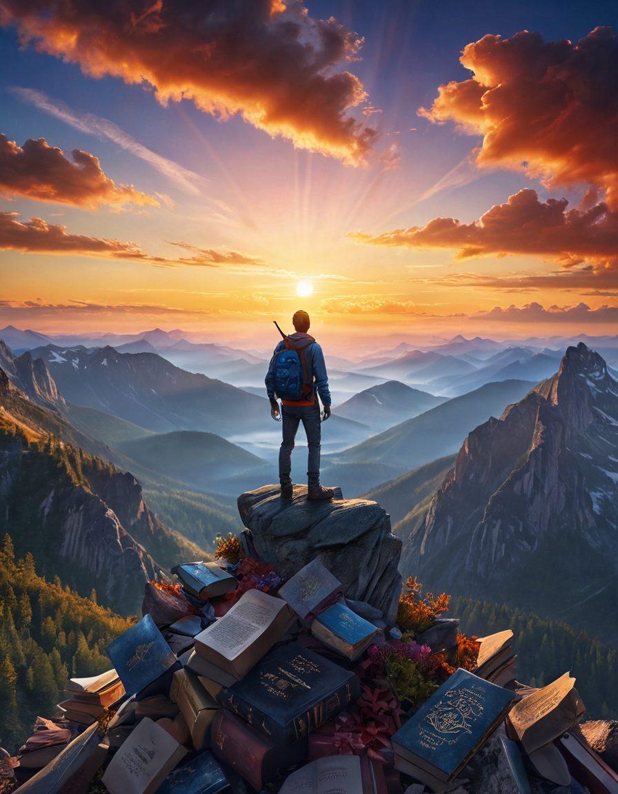 A powerful image of a man standing on a mountain peak, gazing towards a vibrant sunrise, symbolizing personal growth and self-improvement. Surround him with books and tools representing knowledge and development, like a shining compass and a motivational quote in the sky. The scene should evoke a sense of empowerment and courage. super-realistic. vibrant colors. 3D.
