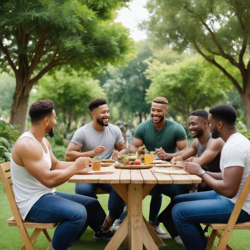 A diverse group of men engaging in various cultural activities, showcasing camaraderie and mutual support within a community setting. Include elements like a book club, sports section, arts and crafts area, and a cooking class, all in a vibrant park with lush greenery. The scene should convey a sense of unity, friendship, and modern masculinity. super-realistic. vibrant colors. 3D.