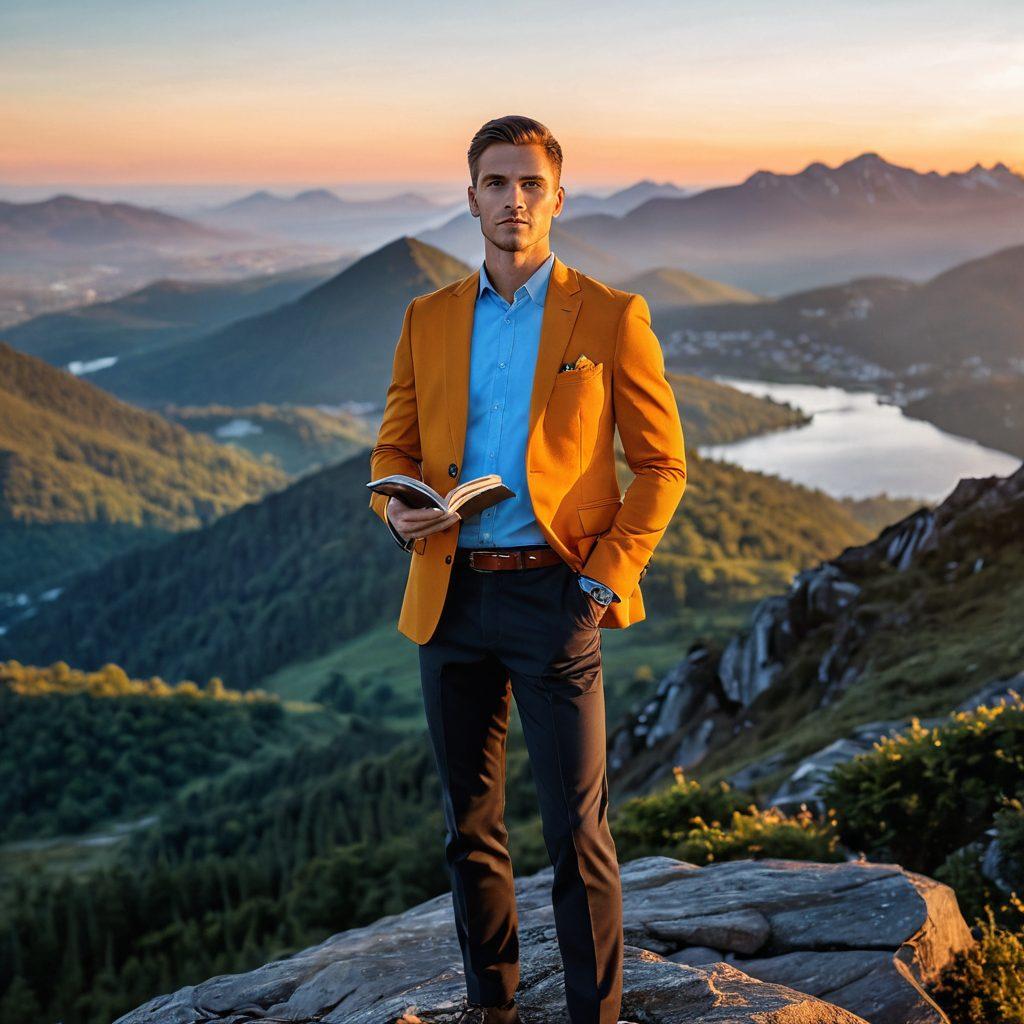 A confident, modern gentleman standing on a mountain peak with a sunrise in the background, symbolizing personal growth and empowerment. He wears a smart-casual outfit and holds a journal in one hand, looking towards the horizon with determination. Surround him with elements like books on personal development and nature to represent wisdom and peace. Include vibrant colors to signify hope and inspiration. super-realistic. vibrant colors. natural scenery.